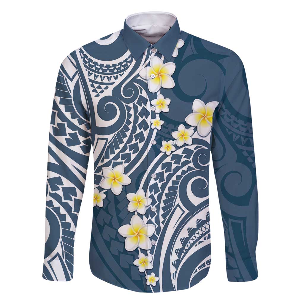 Plumeria With Blue Polynesian Tattoo Pattern Family Matching Tank Maxi Dress and Hawaiian Shirt LT05 Dad's Shirt - Long Sleeve Blue - Polynesian Pride