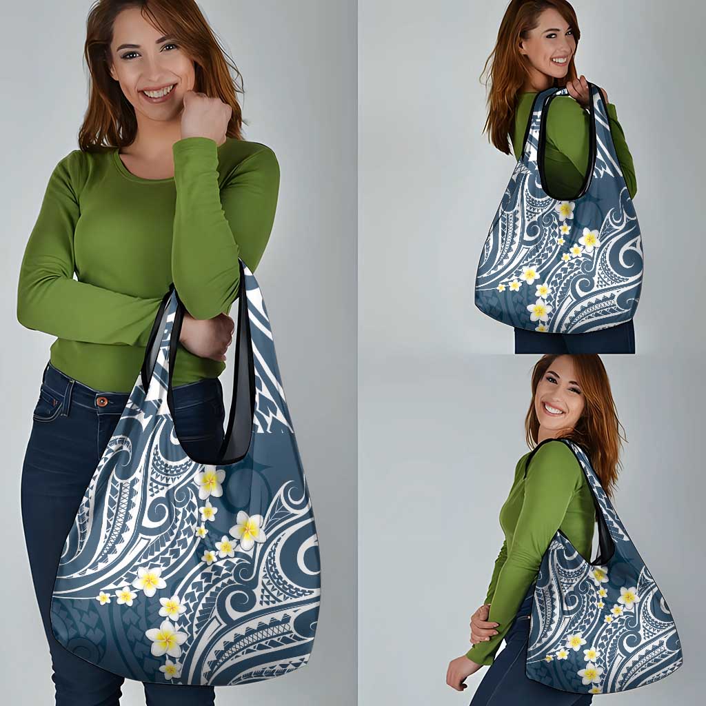 Plumeria With Blue Polynesian Tattoo Pattern Grocery Bag