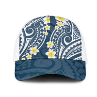 Plumeria With Blue Polynesian Tattoo Pattern Mesh Trucker Cap - Polynesian Pride