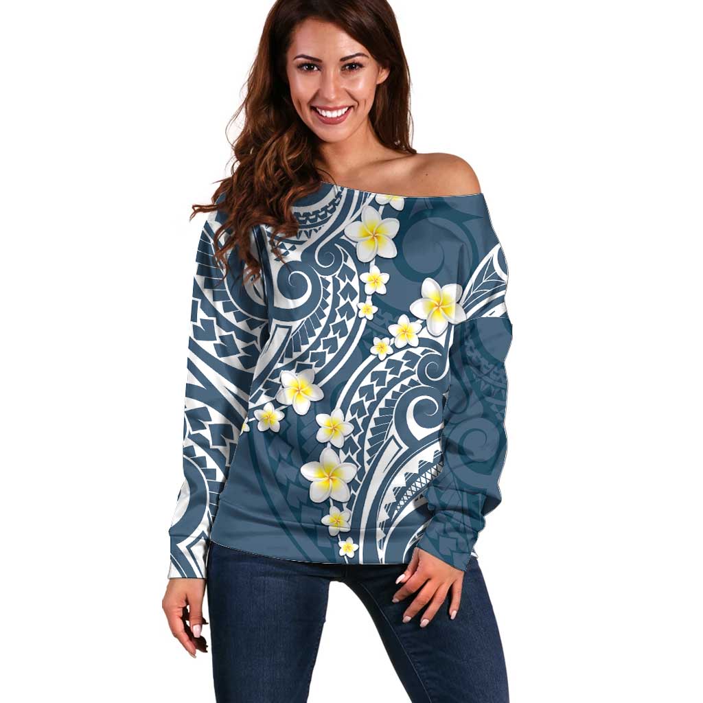 Plumeria With Blue Polynesian Tattoo Pattern Off Shoulder Sweater LT05 Women Blue - Polynesian Pride