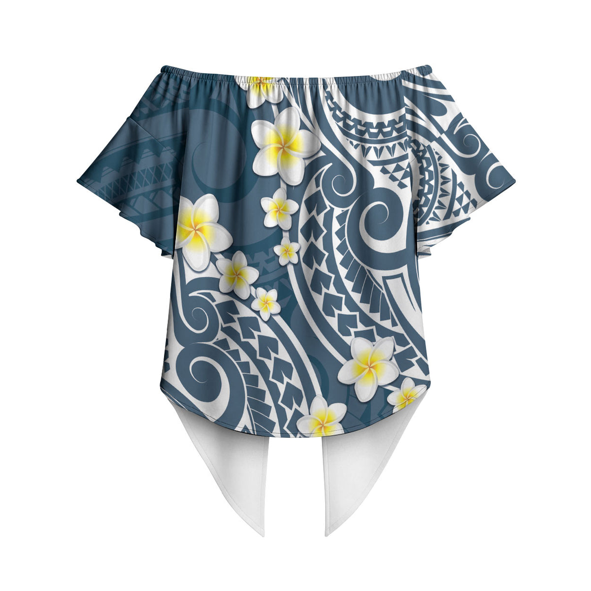 Plumeria With Blue Polynesian Tattoo Pattern Off Shoulder Wrap Waist Top LT05 - Polynesian Pride