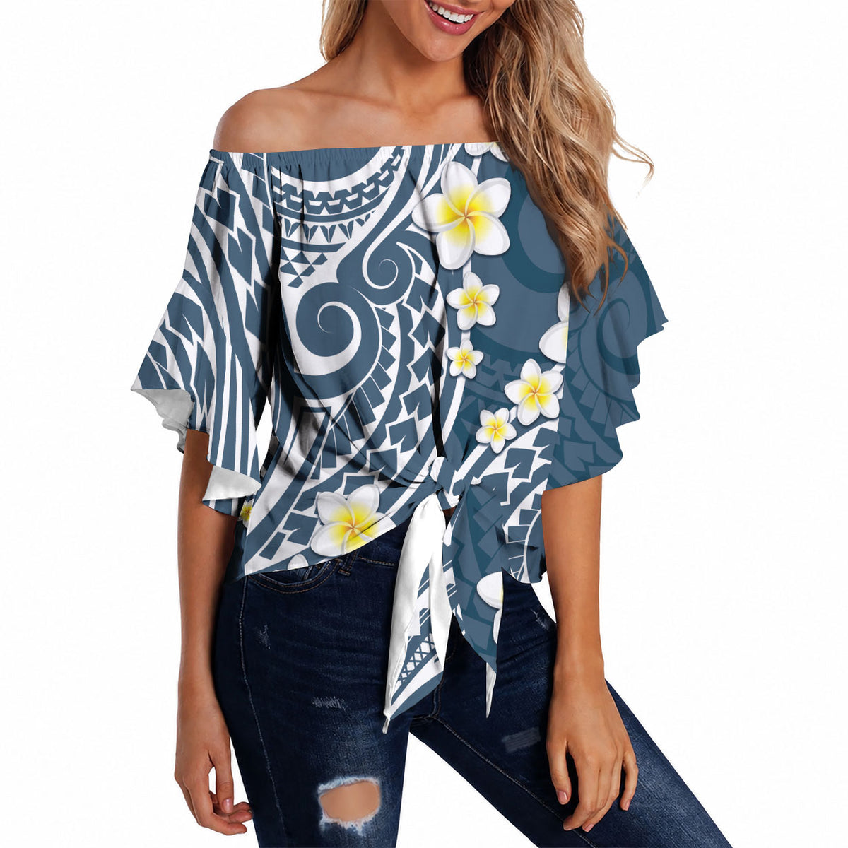 Plumeria With Blue Polynesian Tattoo Pattern Off Shoulder Wrap Waist Top LT05 - Polynesian Pride