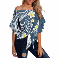 Plumeria With Blue Polynesian Tattoo Pattern Off Shoulder Wrap Waist Top LT05 - Polynesian Pride