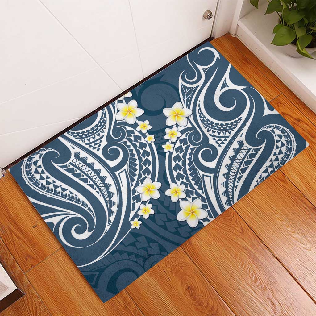 Plumeria With Blue Polynesian Tattoo Pattern Rubber Doormat