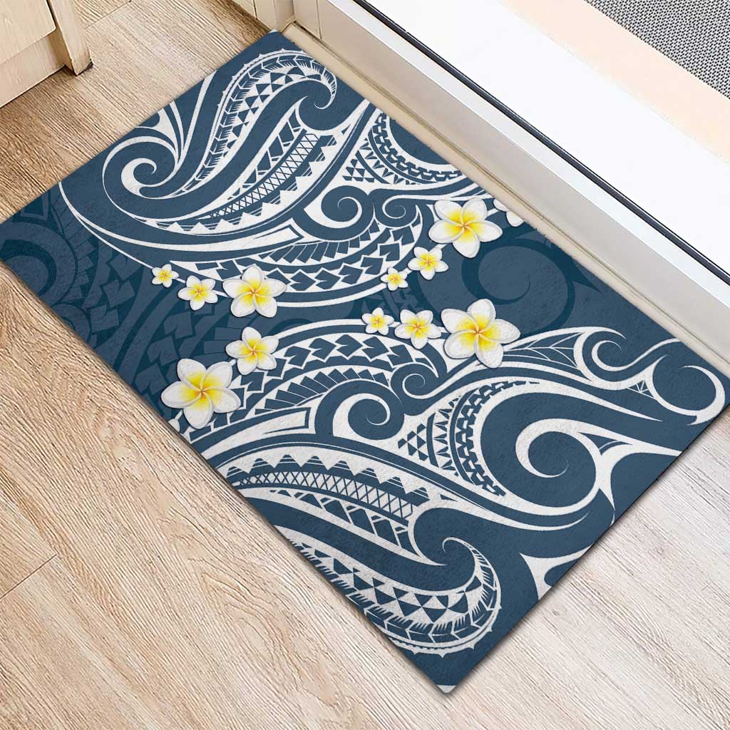 Plumeria With Blue Polynesian Tattoo Pattern Rubber Doormat