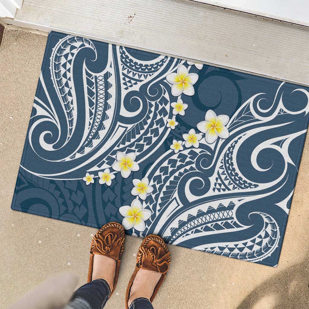 Plumeria With Blue Polynesian Tattoo Pattern Rubber Doormat