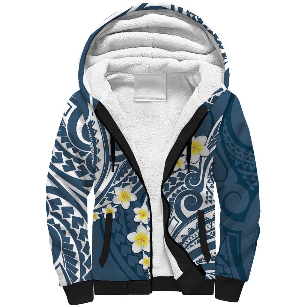 Plumeria With Blue Polynesian Tattoo Pattern Sherpa Hoodie LT05 Unisex Blue - Polynesian Pride