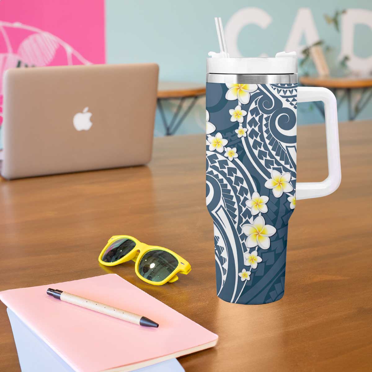 Plumeria With Blue Polynesian Tattoo Pattern Tumbler With Handle
