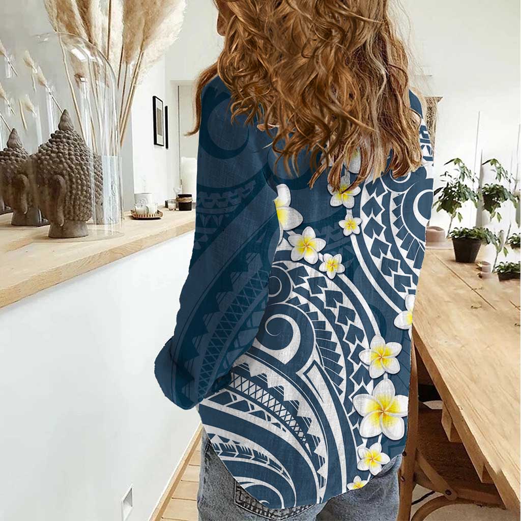 Plumeria With Blue Polynesian Tattoo Pattern Women Casual Shirt