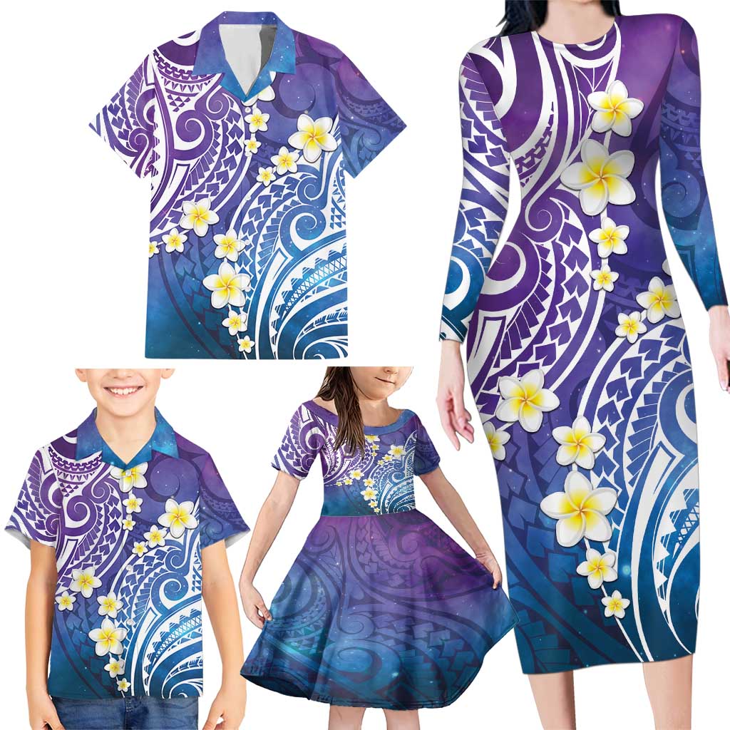 Plumeria With Galaxy Polynesian Tattoo Pattern Family Matching Long Sleeve Bodycon Dress and Hawaiian Shirt LT05 - Polynesian Pride