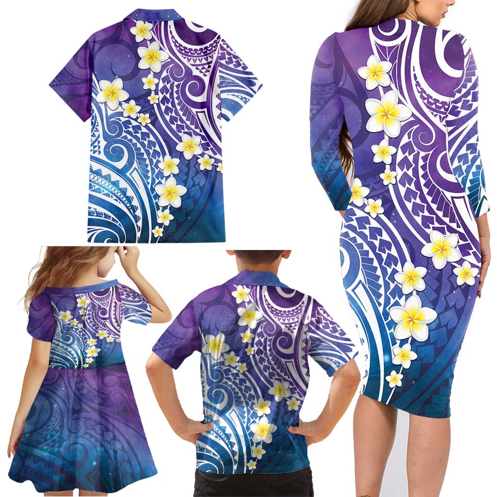 Plumeria With Galaxy Polynesian Tattoo Pattern Family Matching Long Sleeve Bodycon Dress and Hawaiian Shirt LT05 - Polynesian Pride