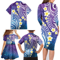 Plumeria With Galaxy Polynesian Tattoo Pattern Family Matching Long Sleeve Bodycon Dress and Hawaiian Shirt LT05 - Polynesian Pride