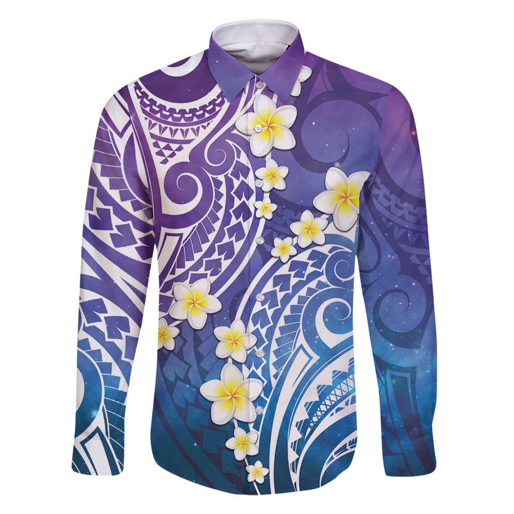 Plumeria With Galaxy Polynesian Tattoo Pattern Family Matching Mermaid Dress and Hawaiian Shirt LT05 Dad's Shirt - Long Sleeve Galaxy - Polynesian Pride