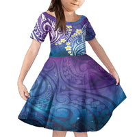 Plumeria With Galaxy Polynesian Tattoo Pattern Family Matching Off The Shoulder Long Sleeve Dress and Hawaiian Shirt LT05 Daughter's Dress Galaxy - Polynesian Pride
