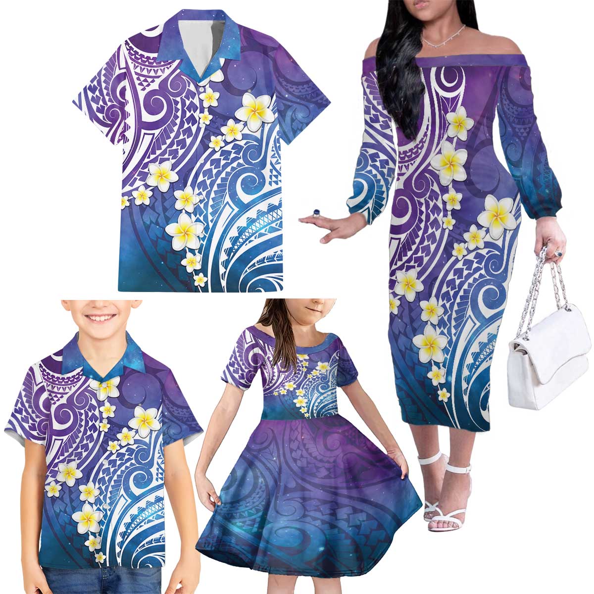 Plumeria With Galaxy Polynesian Tattoo Pattern Family Matching Off The Shoulder Long Sleeve Dress and Hawaiian Shirt LT05 - Polynesian Pride