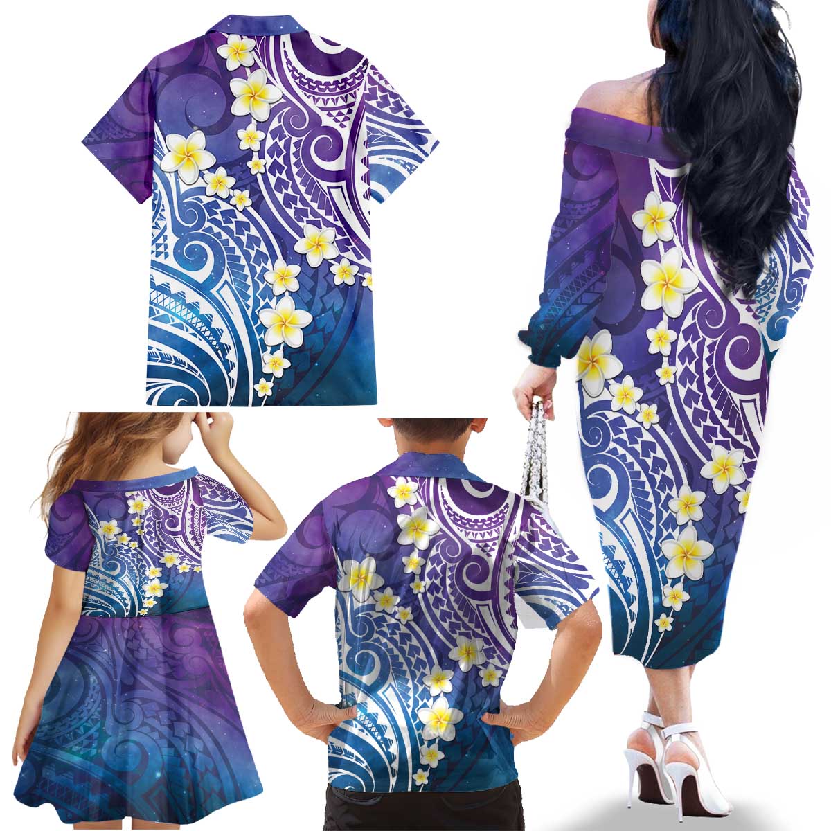 Plumeria With Galaxy Polynesian Tattoo Pattern Family Matching Off The Shoulder Long Sleeve Dress and Hawaiian Shirt LT05 - Polynesian Pride