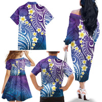 Plumeria With Galaxy Polynesian Tattoo Pattern Family Matching Off The Shoulder Long Sleeve Dress and Hawaiian Shirt LT05 - Polynesian Pride