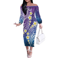 Plumeria With Galaxy Polynesian Tattoo Pattern Family Matching Off The Shoulder Long Sleeve Dress and Hawaiian Shirt LT05 Mom's Dress Galaxy - Polynesian Pride