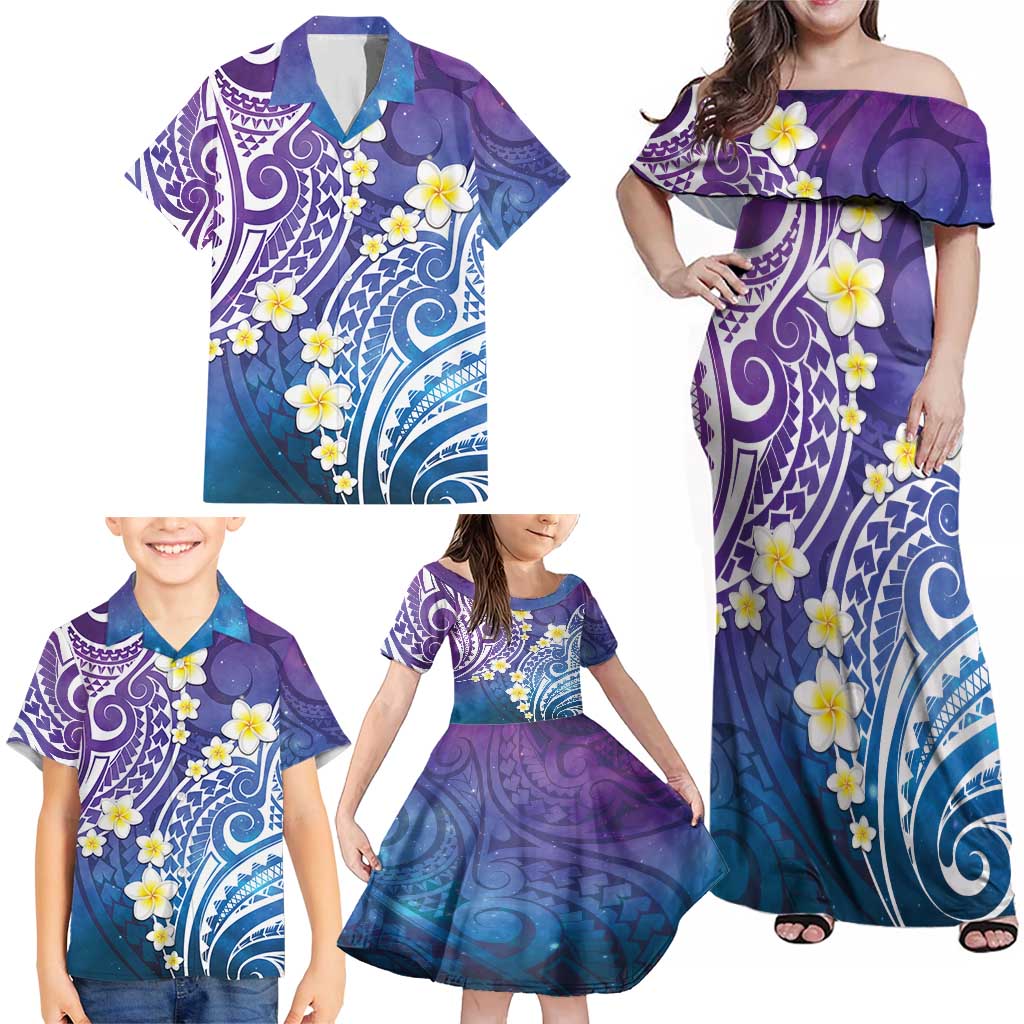 Plumeria With Galaxy Polynesian Tattoo Pattern Family Matching Off Shoulder Maxi Dress and Hawaiian Shirt LT05 - Polynesian Pride