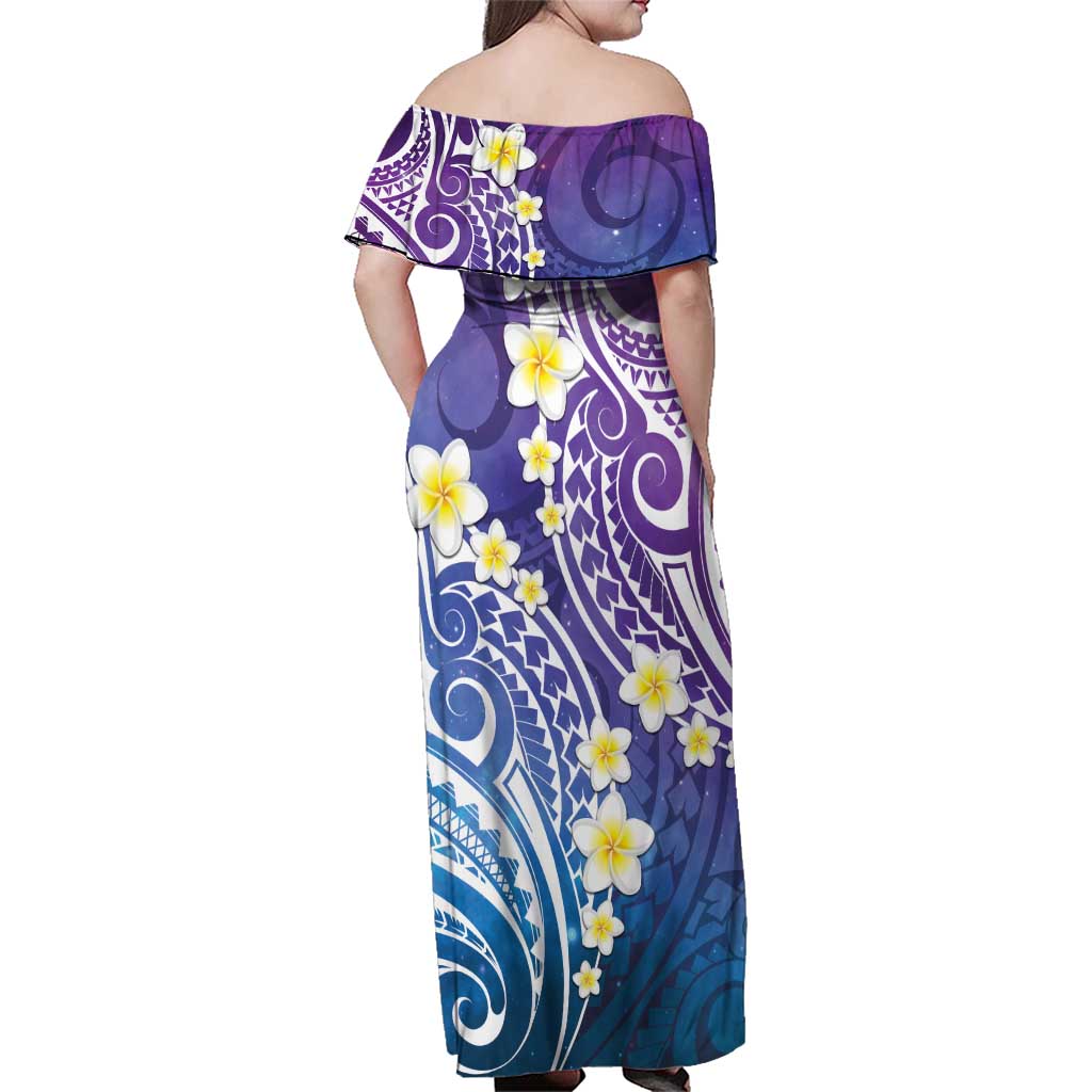 Plumeria With Galaxy Polynesian Tattoo Pattern Family Matching Off Shoulder Maxi Dress and Hawaiian Shirt LT05 - Polynesian Pride