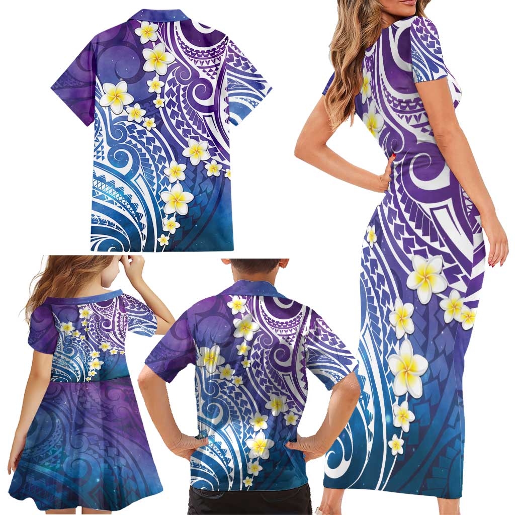 Plumeria With Galaxy Polynesian Tattoo Pattern Family Matching Short Sleeve Bodycon Dress and Hawaiian Shirt LT05 - Polynesian Pride