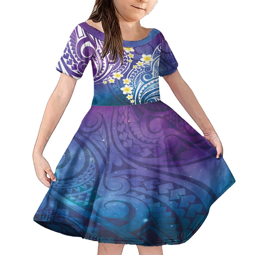 Plumeria With Galaxy Polynesian Tattoo Pattern Family Matching Summer Maxi Dress and Hawaiian Shirt LT05 Daughter's Dress Galaxy - Polynesian Pride