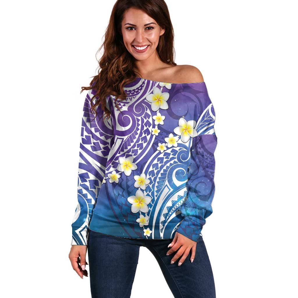 Plumeria With Galaxy Polynesian Tattoo Pattern Off Shoulder Sweater LT05 Women Galaxy - Polynesian Pride