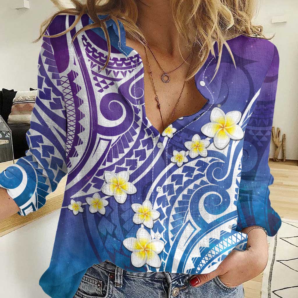 Plumeria With Galaxy Polynesian Tattoo Pattern Women Casual Shirt LT05 Female Galaxy - Polynesian Pride