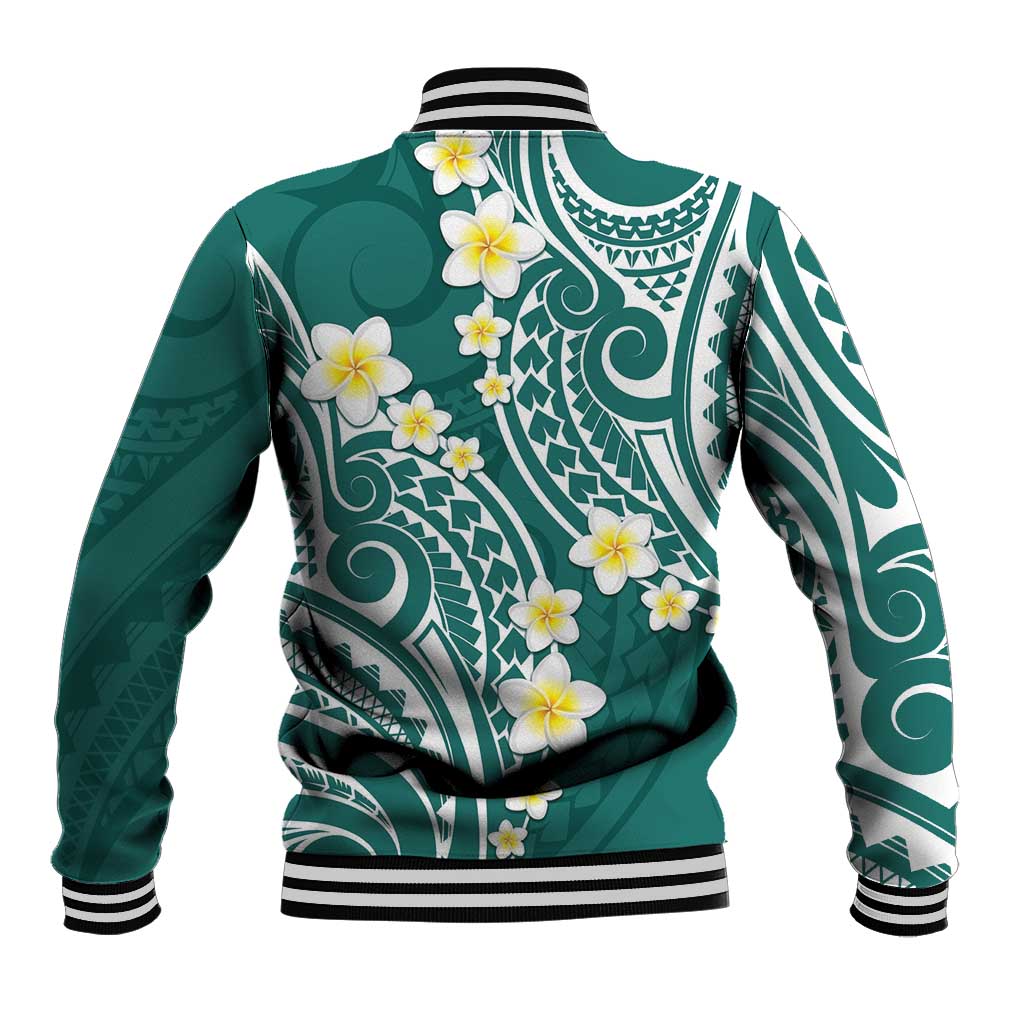 Plumeria With Teal Polynesian Tattoo Pattern Baseball Jacket