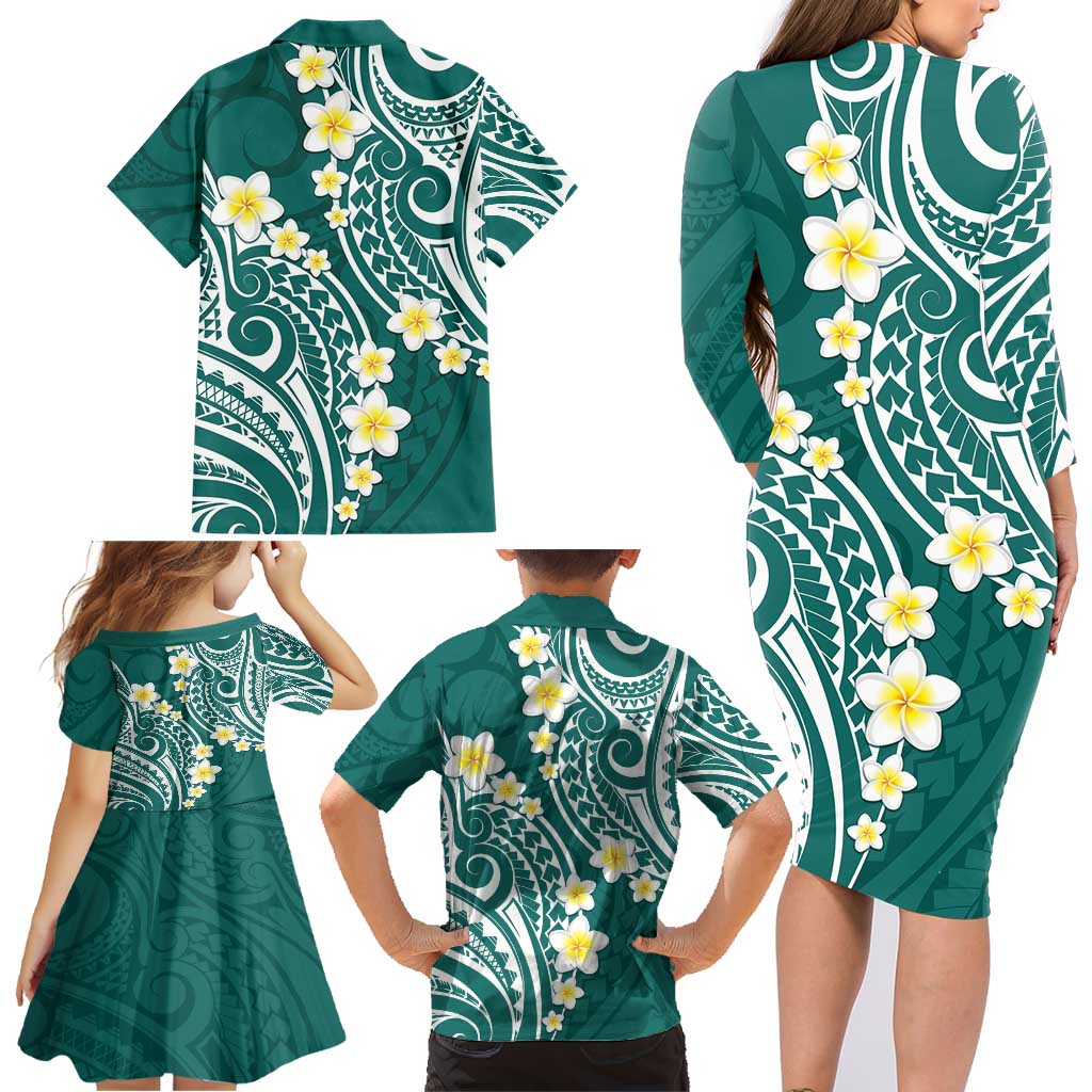 Plumeria With Teal Polynesian Tattoo Pattern Family Matching Long Sleeve Bodycon Dress and Hawaiian Shirt LT05 - Polynesian Pride