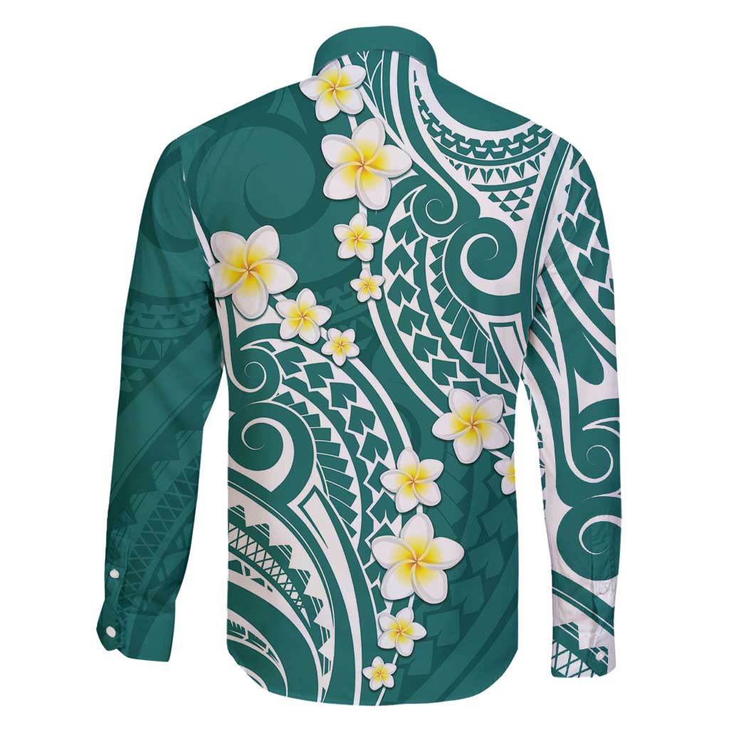 Plumeria With Teal Polynesian Tattoo Pattern Family Matching Long Sleeve Bodycon Dress and Hawaiian Shirt LT05 - Polynesian Pride