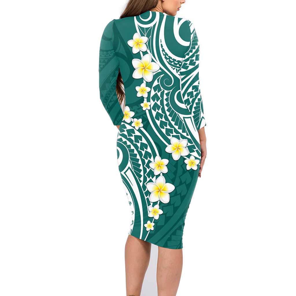 Plumeria With Teal Polynesian Tattoo Pattern Family Matching Long Sleeve Bodycon Dress and Hawaiian Shirt LT05 - Polynesian Pride