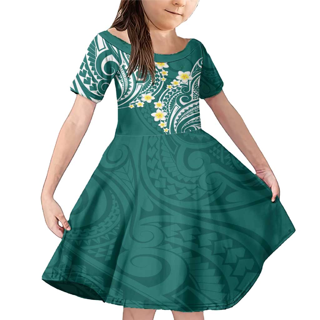 Plumeria With Teal Polynesian Tattoo Pattern Family Matching Mermaid Dress and Hawaiian Shirt LT05 Daughter's Dress Teal - Polynesian Pride