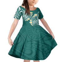 Plumeria With Teal Polynesian Tattoo Pattern Family Matching Mermaid Dress and Hawaiian Shirt LT05 Daughter's Dress Teal - Polynesian Pride