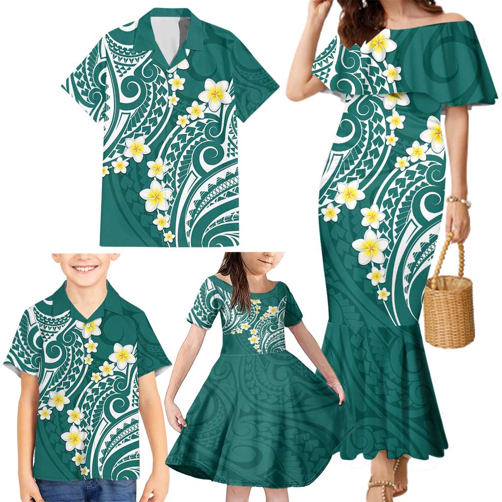 Plumeria With Teal Polynesian Tattoo Pattern Family Matching Mermaid Dress and Hawaiian Shirt LT05 - Polynesian Pride
