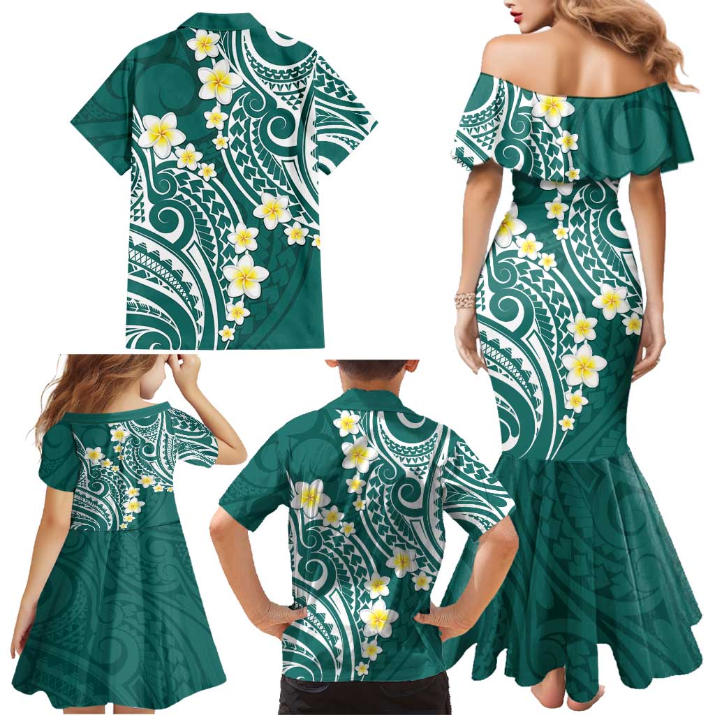 Plumeria With Teal Polynesian Tattoo Pattern Family Matching Mermaid Dress and Hawaiian Shirt LT05 - Polynesian Pride