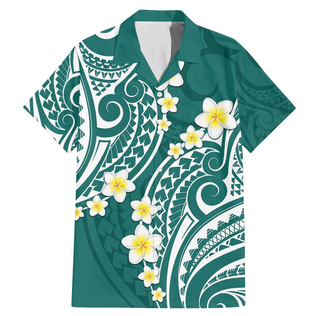 Plumeria With Teal Polynesian Tattoo Pattern Family Matching Mermaid Dress and Hawaiian Shirt LT05 Dad's Shirt - Short Sleeve Teal - Polynesian Pride