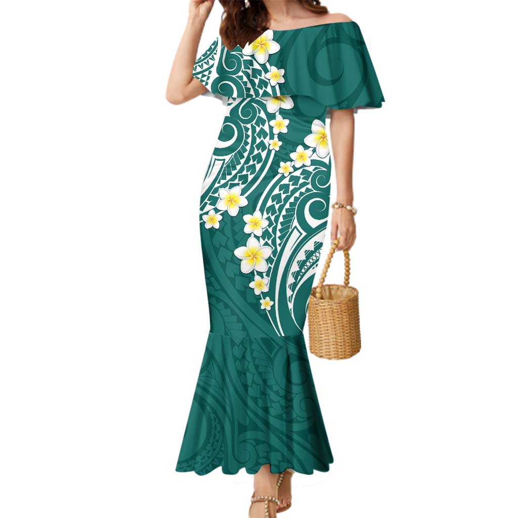 Plumeria With Teal Polynesian Tattoo Pattern Family Matching Mermaid Dress and Hawaiian Shirt LT05 Mom's Dress Teal - Polynesian Pride