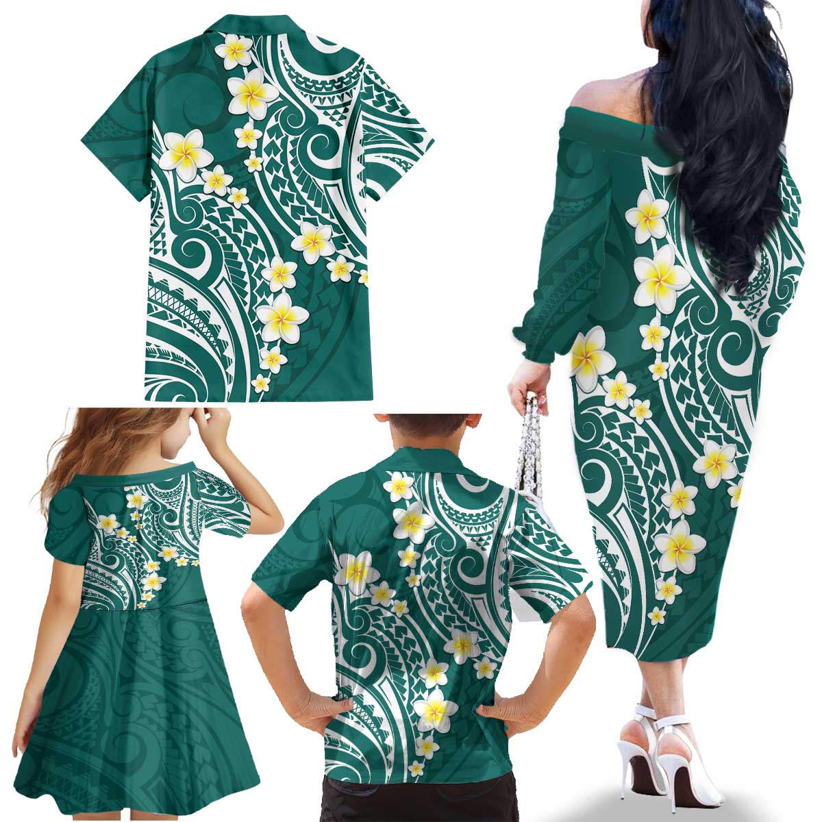 Plumeria With Teal Polynesian Tattoo Pattern Family Matching Off The Shoulder Long Sleeve Dress and Hawaiian Shirt LT05 - Polynesian Pride