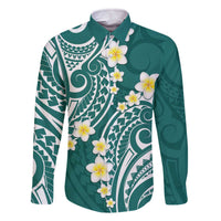 Plumeria With Teal Polynesian Tattoo Pattern Family Matching Off The Shoulder Long Sleeve Dress and Hawaiian Shirt LT05 Dad's Shirt - Long Sleeve Teal - Polynesian Pride