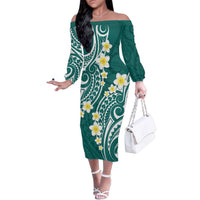 Plumeria With Teal Polynesian Tattoo Pattern Family Matching Off The Shoulder Long Sleeve Dress and Hawaiian Shirt LT05 Mom's Dress Teal - Polynesian Pride