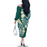 Plumeria With Teal Polynesian Tattoo Pattern Family Matching Off The Shoulder Long Sleeve Dress and Hawaiian Shirt LT05 - Polynesian Pride