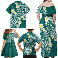 Plumeria With Teal Polynesian Tattoo Pattern Family Matching Off Shoulder Maxi Dress and Hawaiian Shirt LT05 - Polynesian Pride