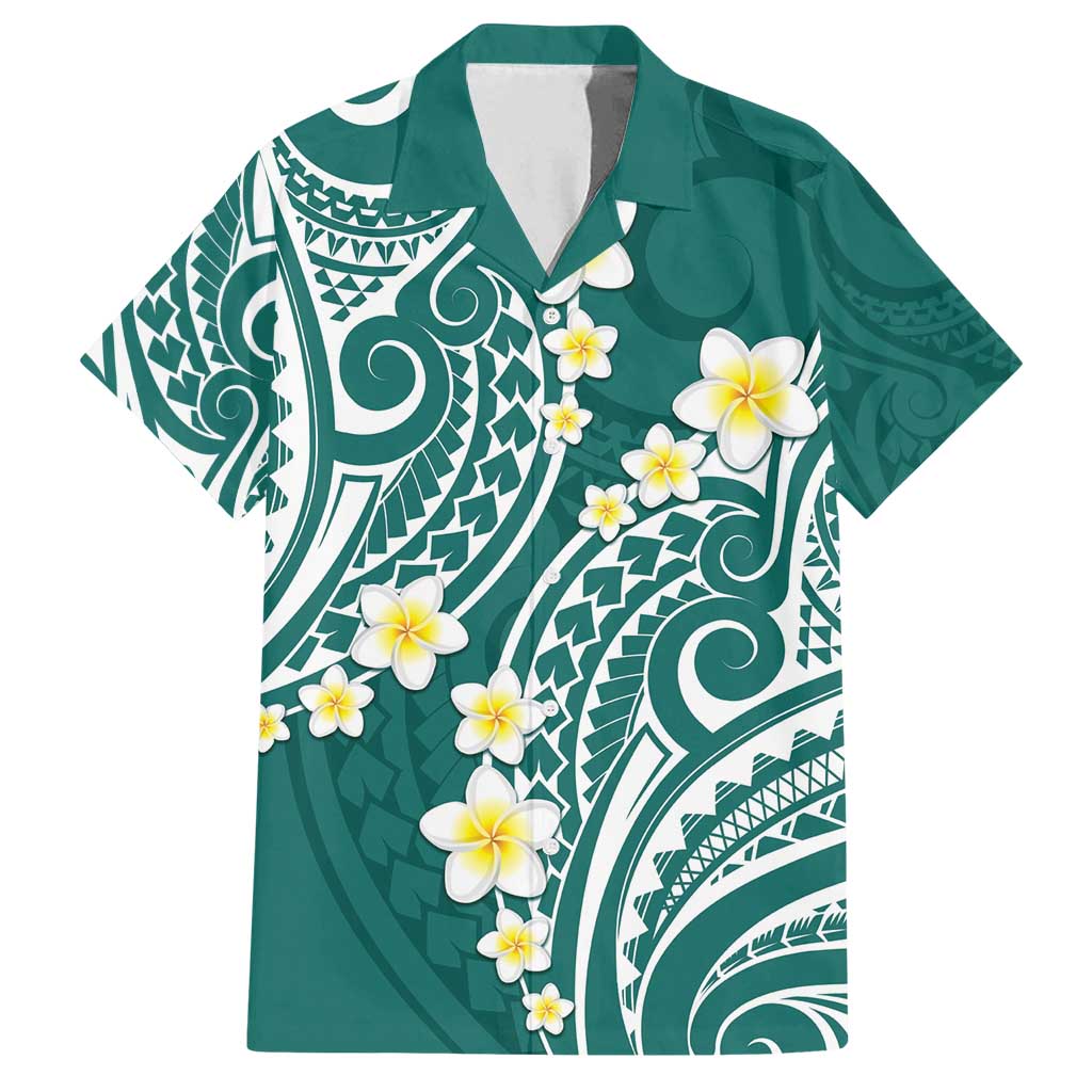 Plumeria With Teal Polynesian Tattoo Pattern Family Matching Off Shoulder Maxi Dress and Hawaiian Shirt LT05 Dad's Shirt - Short Sleeve Teal - Polynesian Pride