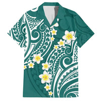 Plumeria With Teal Polynesian Tattoo Pattern Family Matching Off Shoulder Maxi Dress and Hawaiian Shirt LT05 Dad's Shirt - Short Sleeve Teal - Polynesian Pride