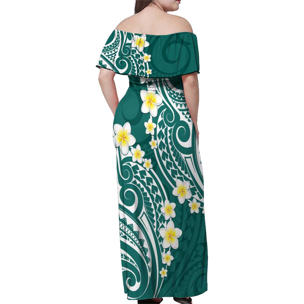 Plumeria With Teal Polynesian Tattoo Pattern Family Matching Off Shoulder Maxi Dress and Hawaiian Shirt LT05 - Polynesian Pride