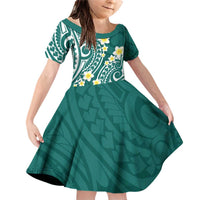 Plumeria With Teal Polynesian Tattoo Pattern Family Matching Off Shoulder Short Dress and Hawaiian Shirt LT05 Daughter's Dress Teal - Polynesian Pride