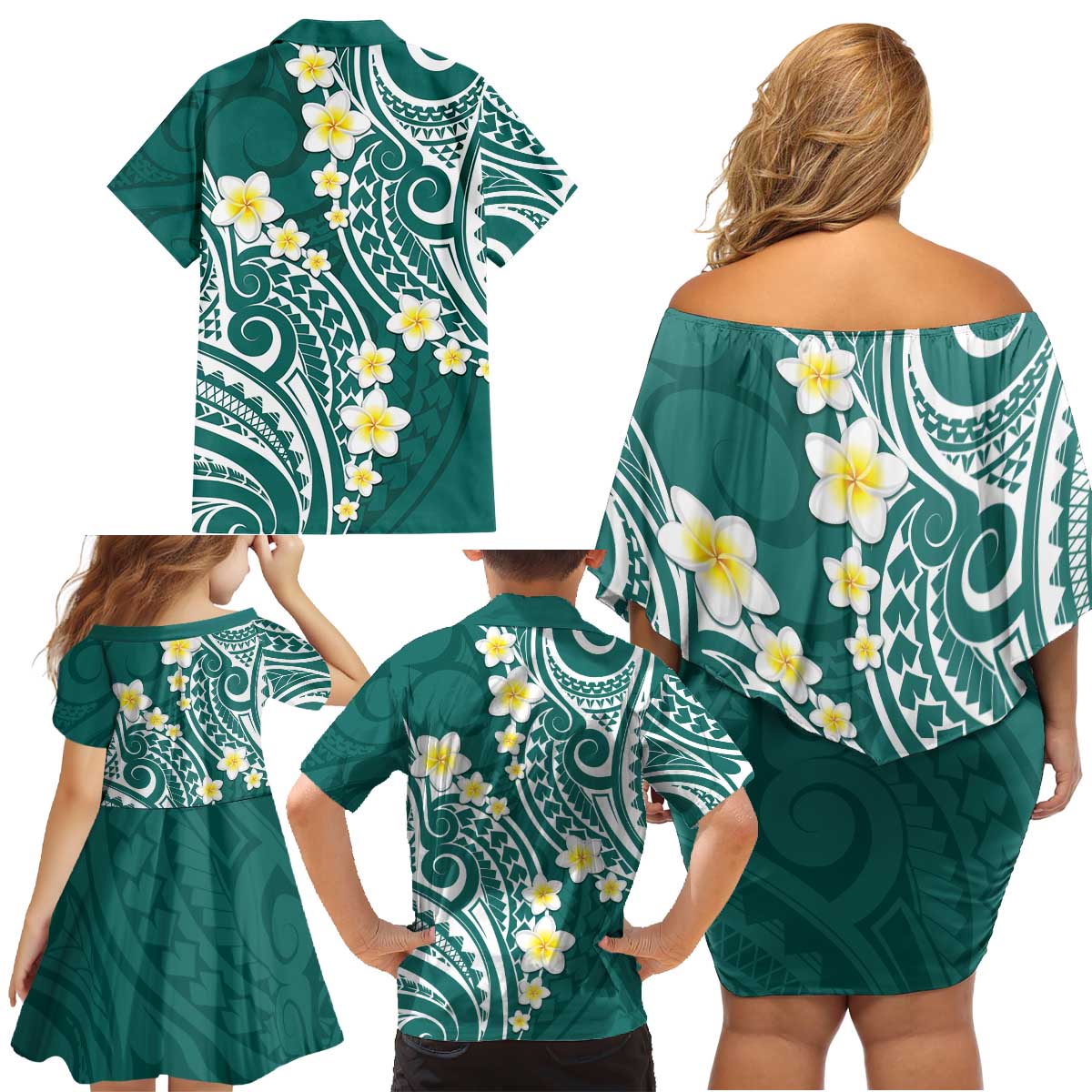 Plumeria With Teal Polynesian Tattoo Pattern Family Matching Off Shoulder Short Dress and Hawaiian Shirt LT05 - Polynesian Pride
