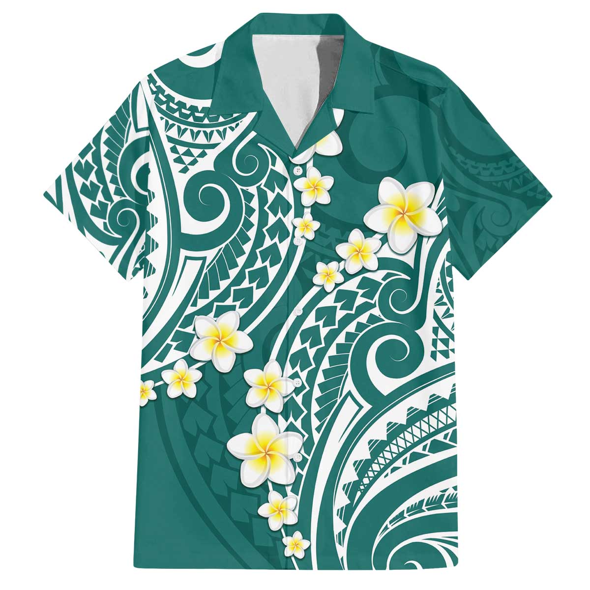 Plumeria With Teal Polynesian Tattoo Pattern Family Matching Off Shoulder Short Dress and Hawaiian Shirt LT05 Dad's Shirt - Short Sleeve Teal - Polynesian Pride