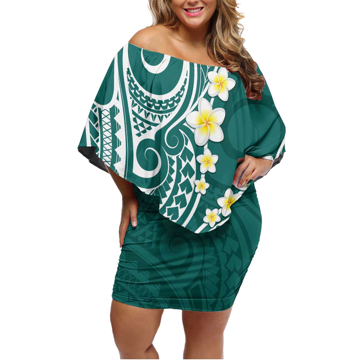 Plumeria With Teal Polynesian Tattoo Pattern Family Matching Off Shoulder Short Dress and Hawaiian Shirt LT05 Mom's Dress Teal - Polynesian Pride